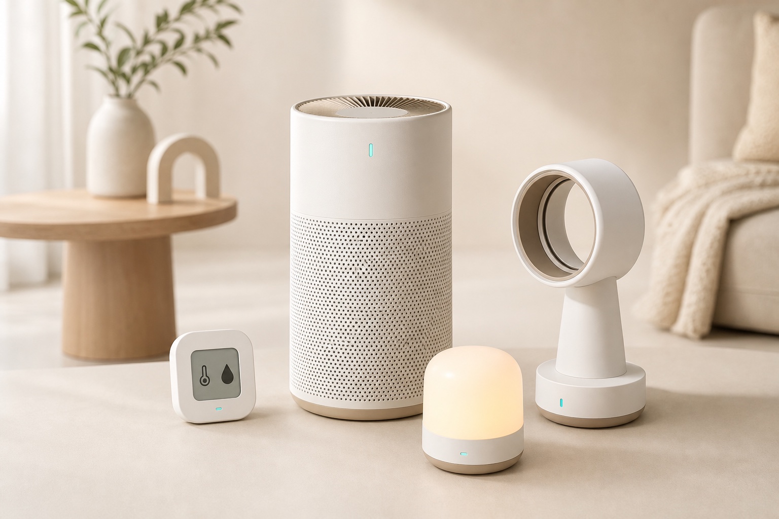Smart temperature sensor, pet air purifier, night light, and quiet fan in a warm home